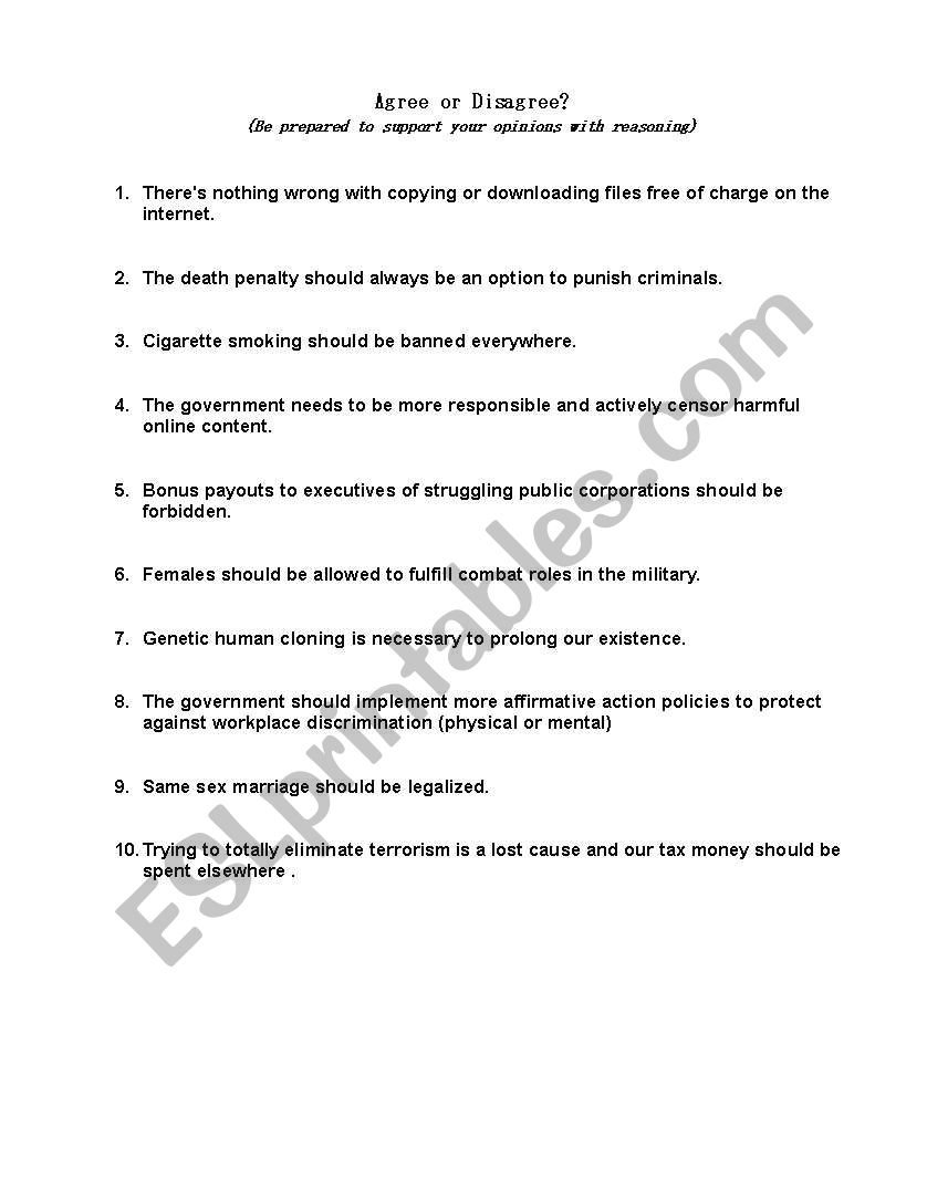 Agree or disagree worksheet worksheet