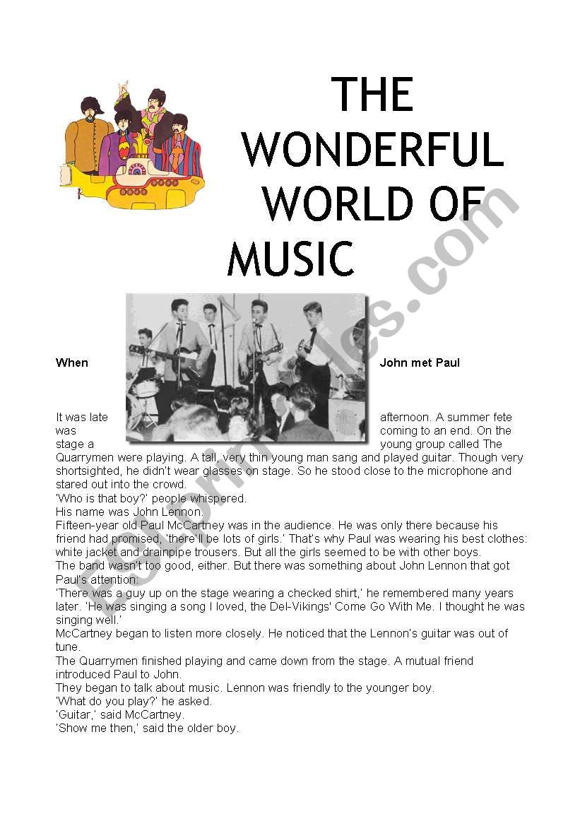 The Wonderful world of music worksheet
