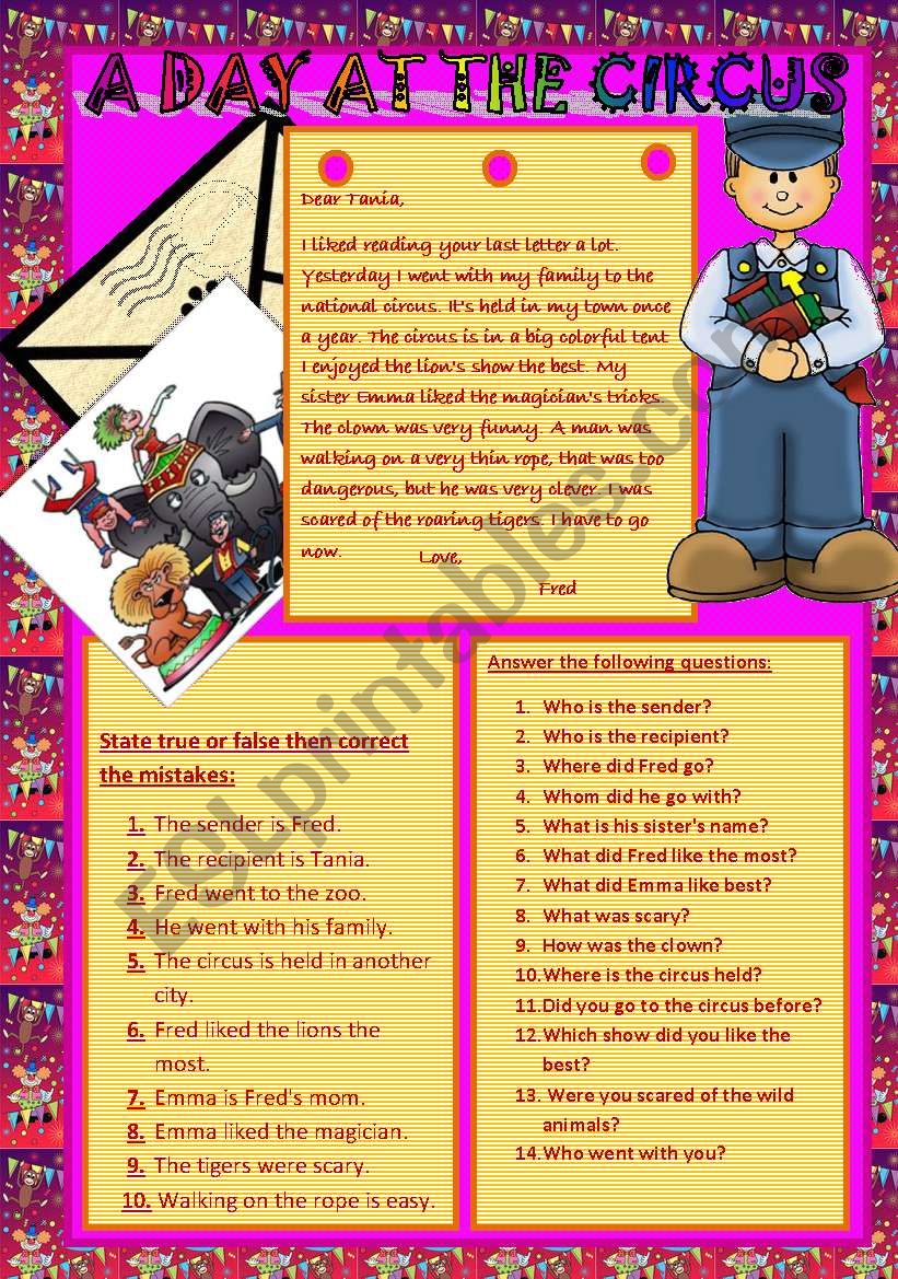 A DAY AT THE  CIRCUS worksheet