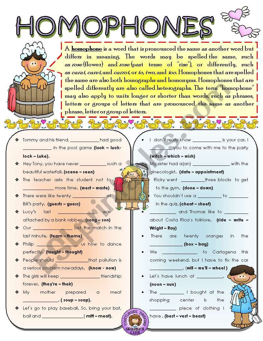 Homophones (B & W Version) worksheet