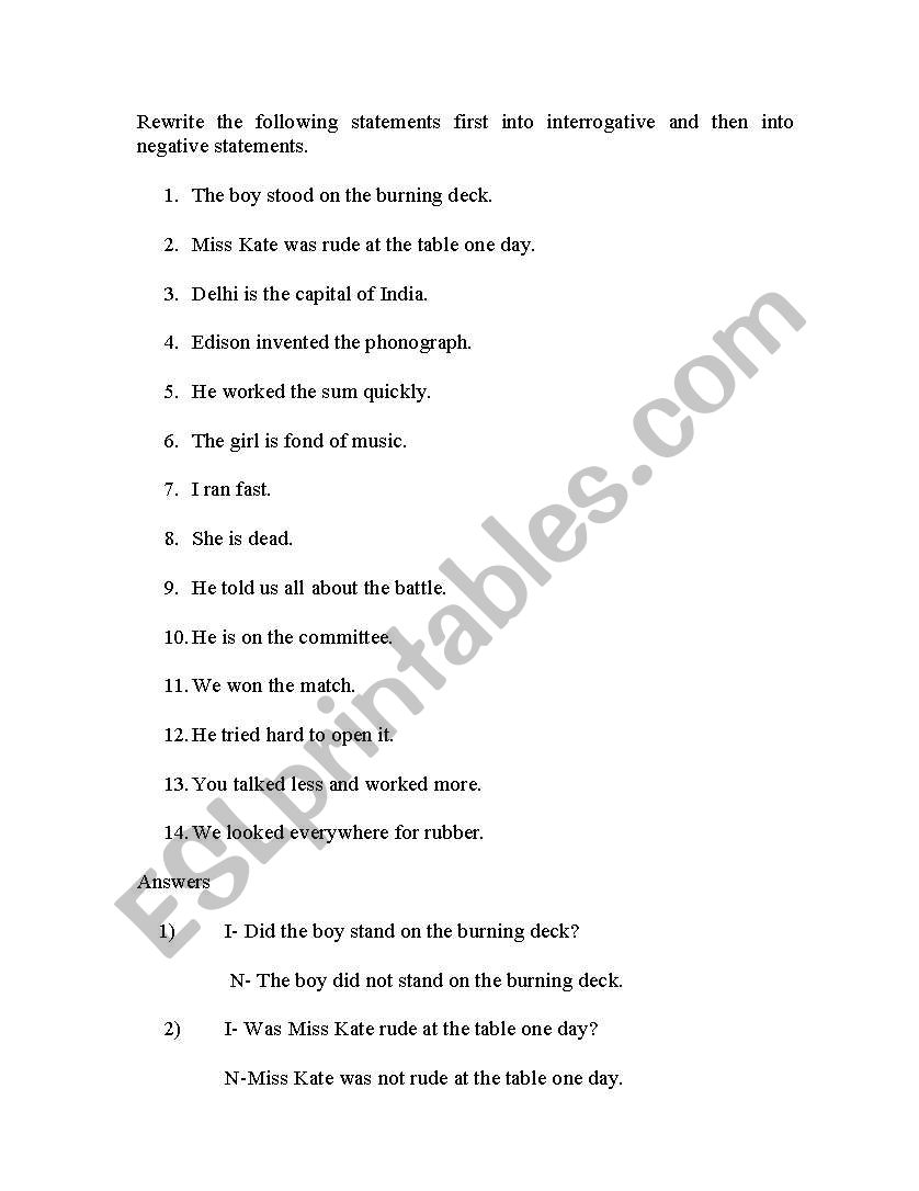 Transformation of sentences as interrogative and negative statements