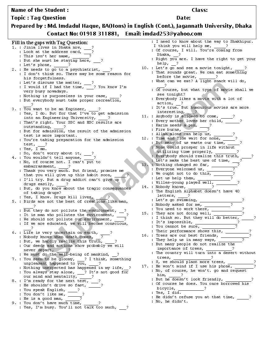 EXAM ON TAG QUESTION WITH SOME DIALOGUES