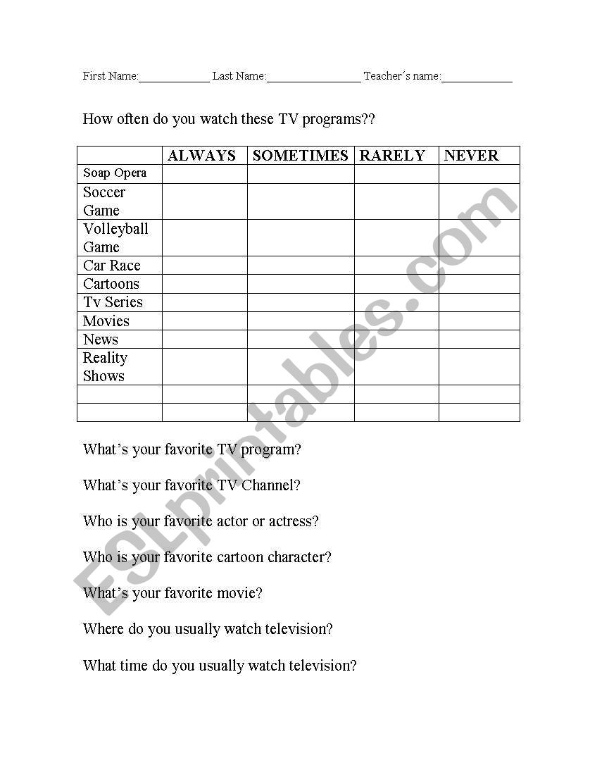 How often do you wacht TV? worksheet