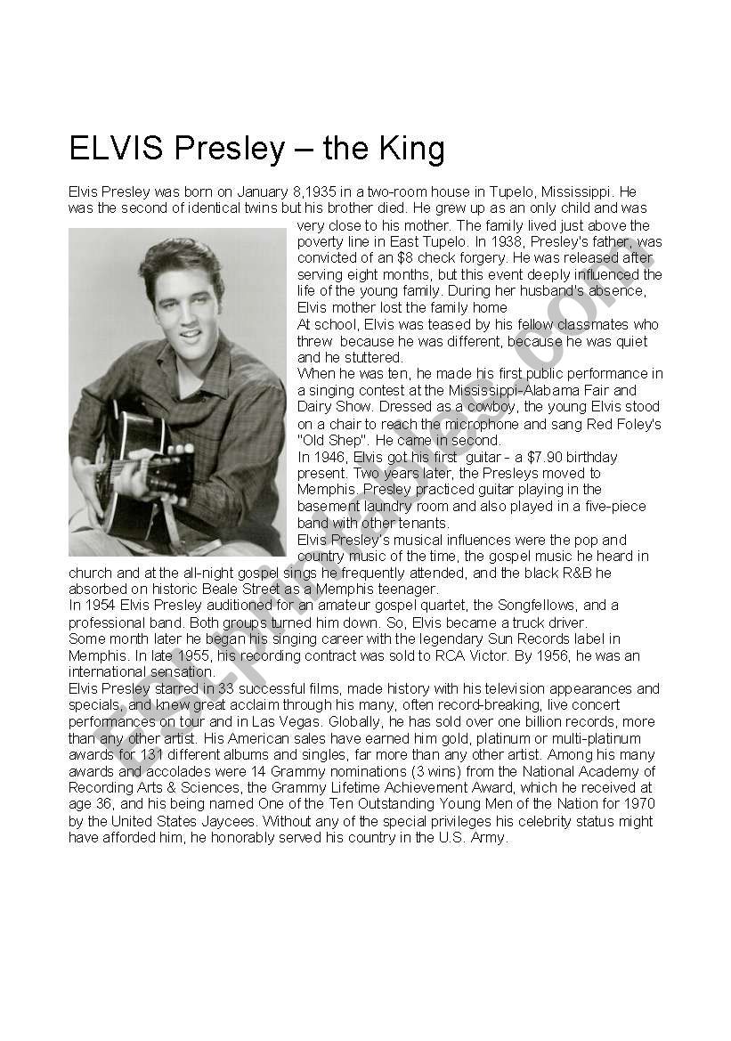 Elvis Presley, the king worksheet