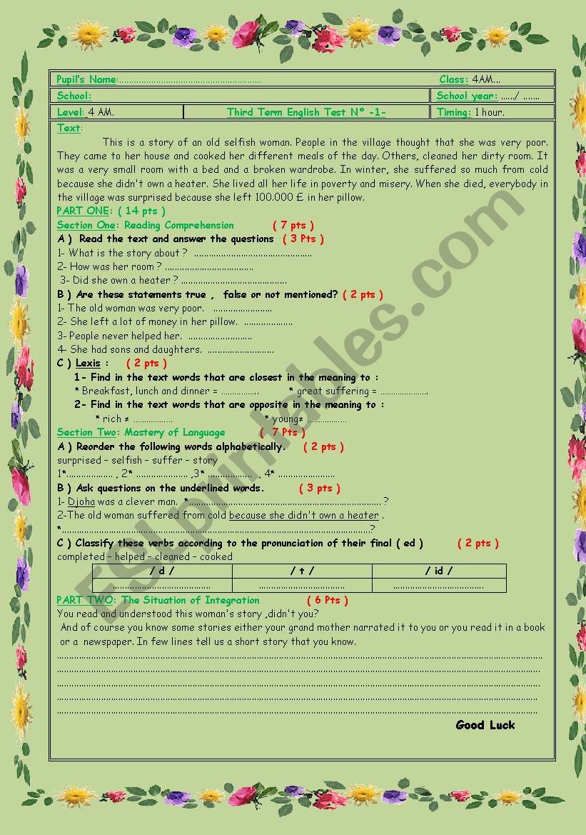 test for 4 year middle school pupils