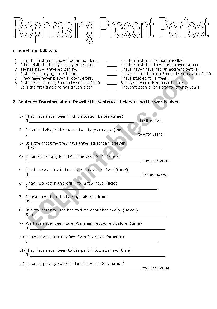 Rephrasing Present Perfect worksheet