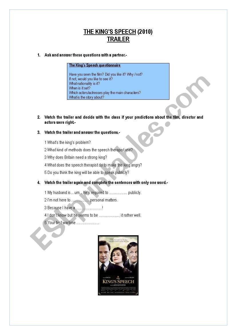 The Kings Speech Trailer  worksheet