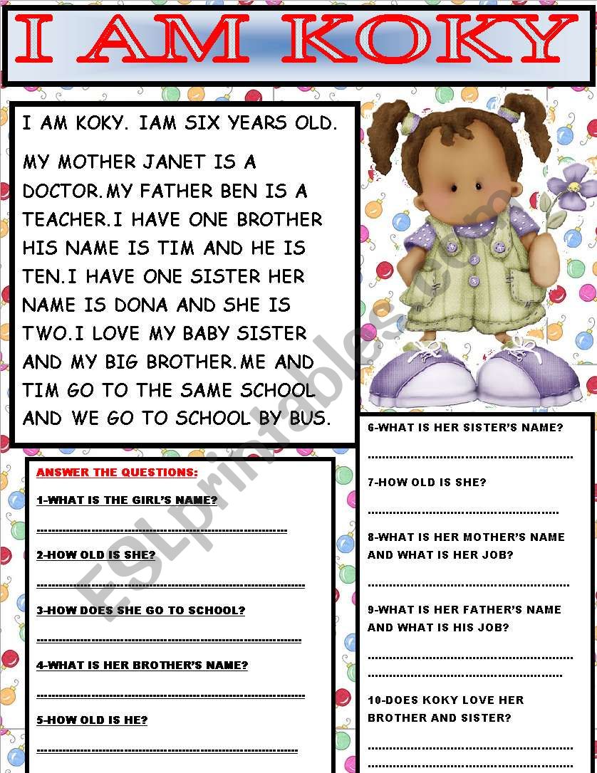 I AM KOKY worksheet