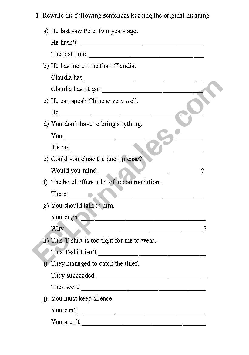 Rewrite Sentences (PET level) worksheet