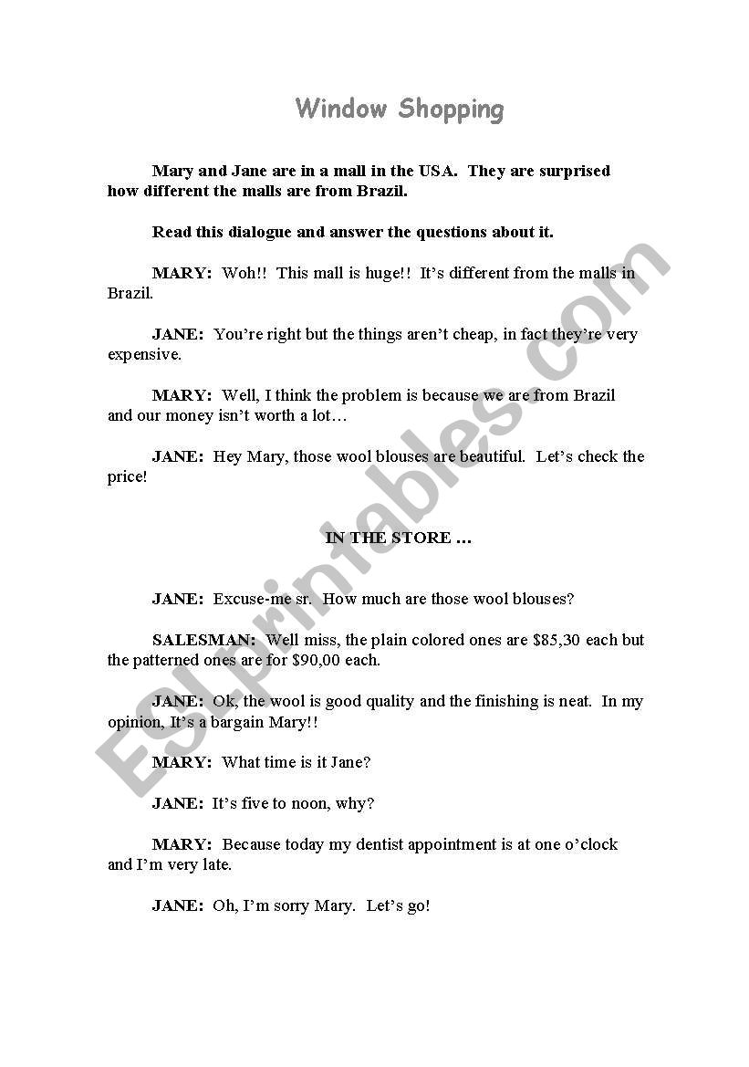 DIALOGUE IN THE SHOP worksheet