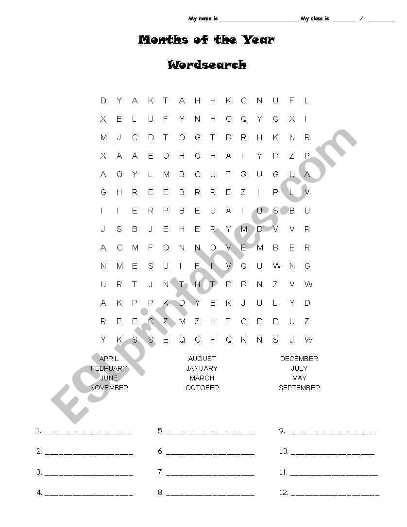 Months of the Year Wordsearch Puzzle