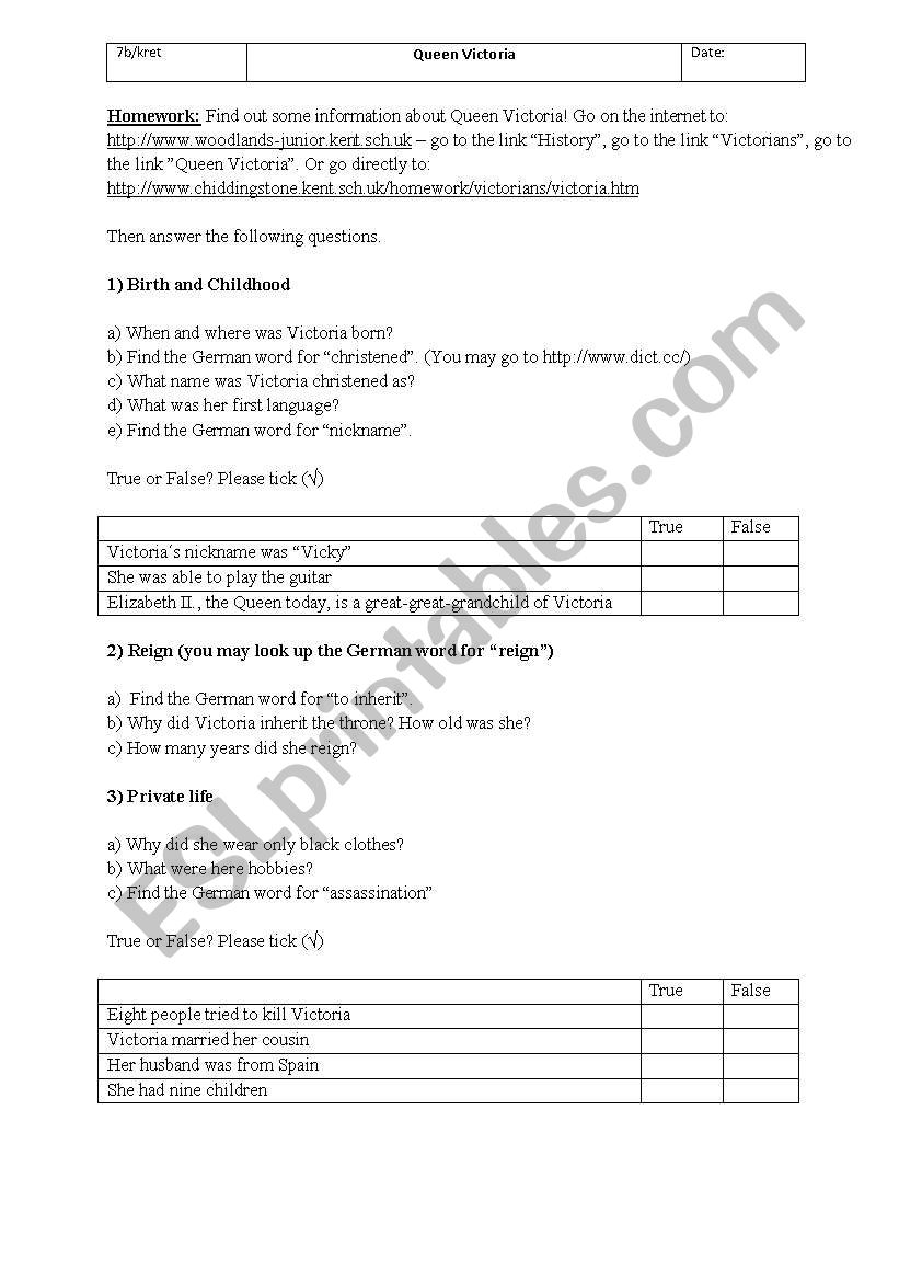 Webquest on Queen Victoria worksheet