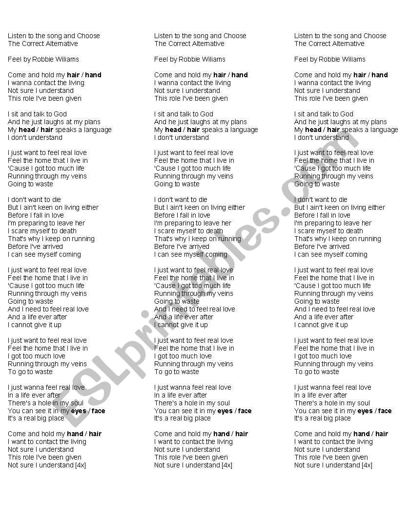 Feel by Robbie Williams worksheet