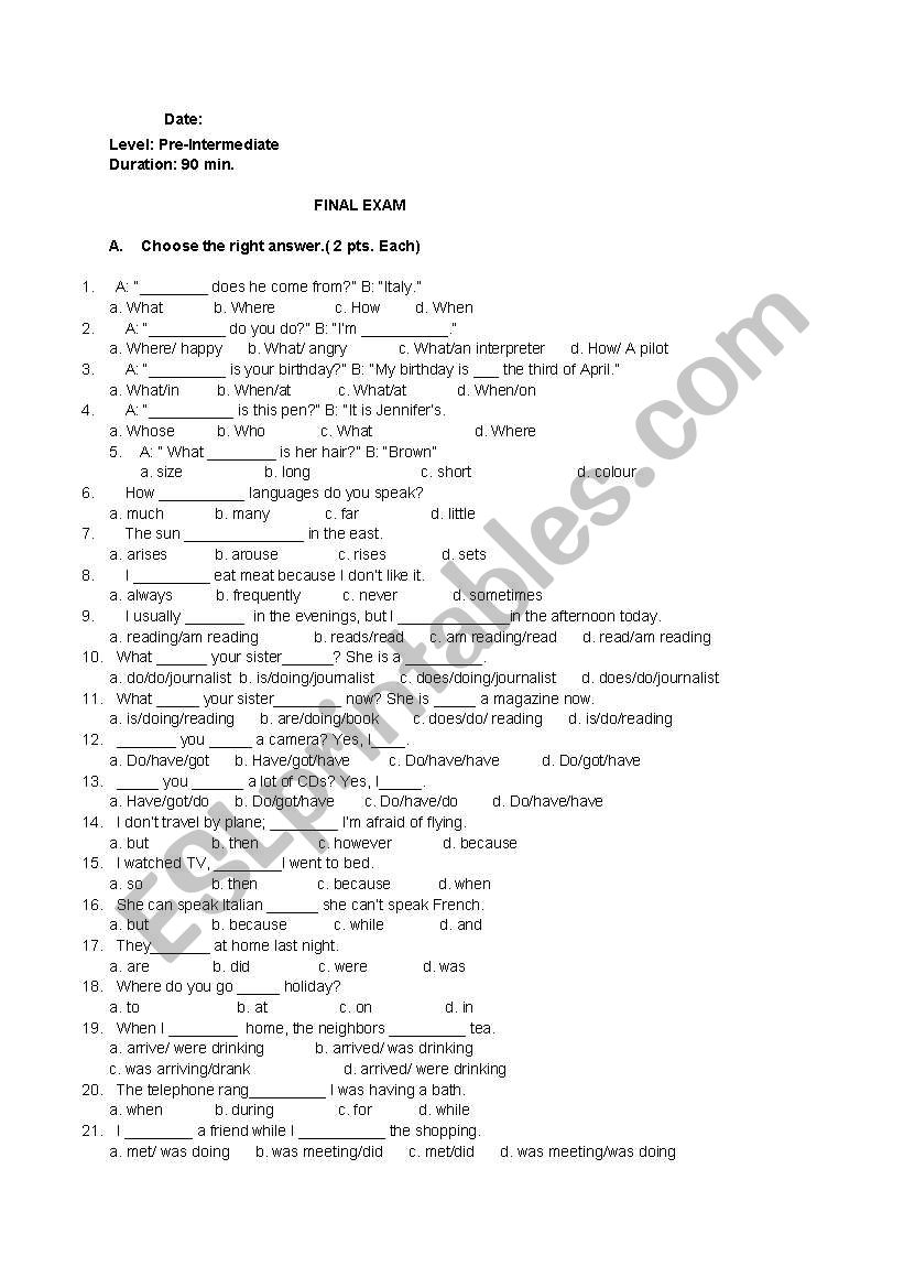 An Exam for Pre-Intermediate Students