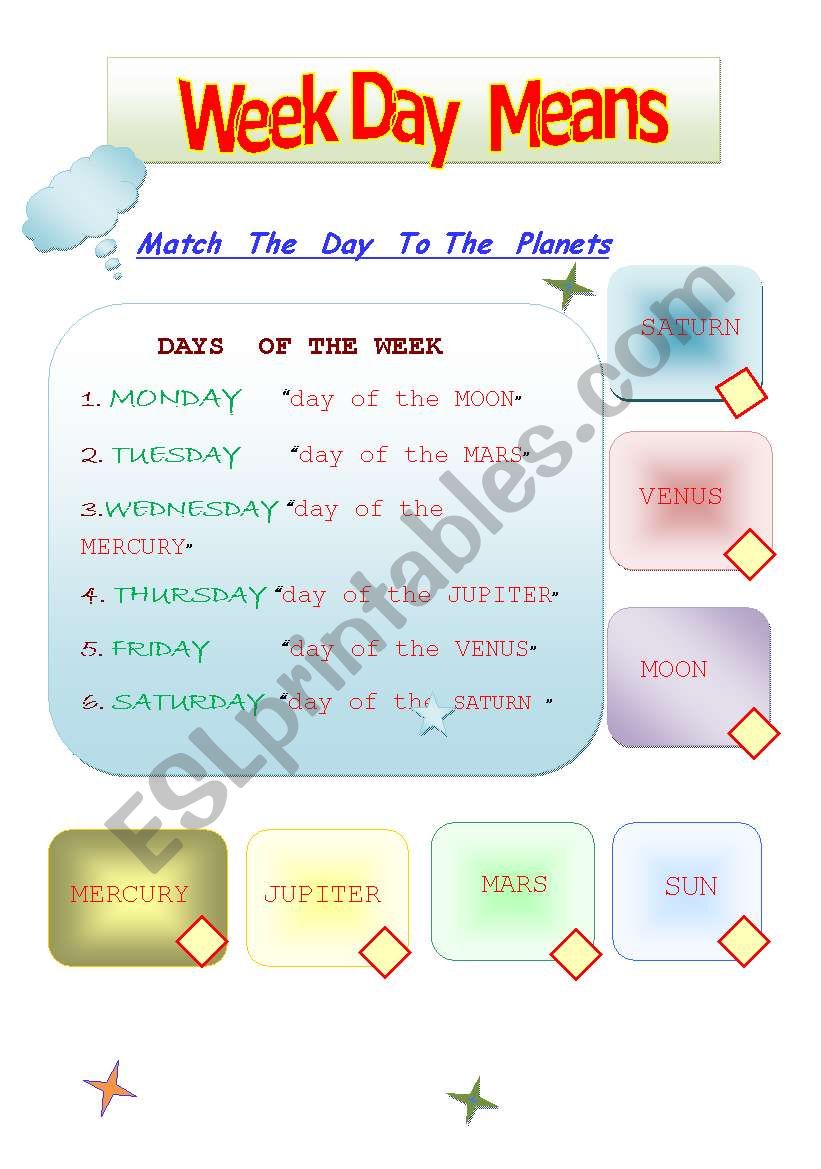 weekdays and planets worksheet
