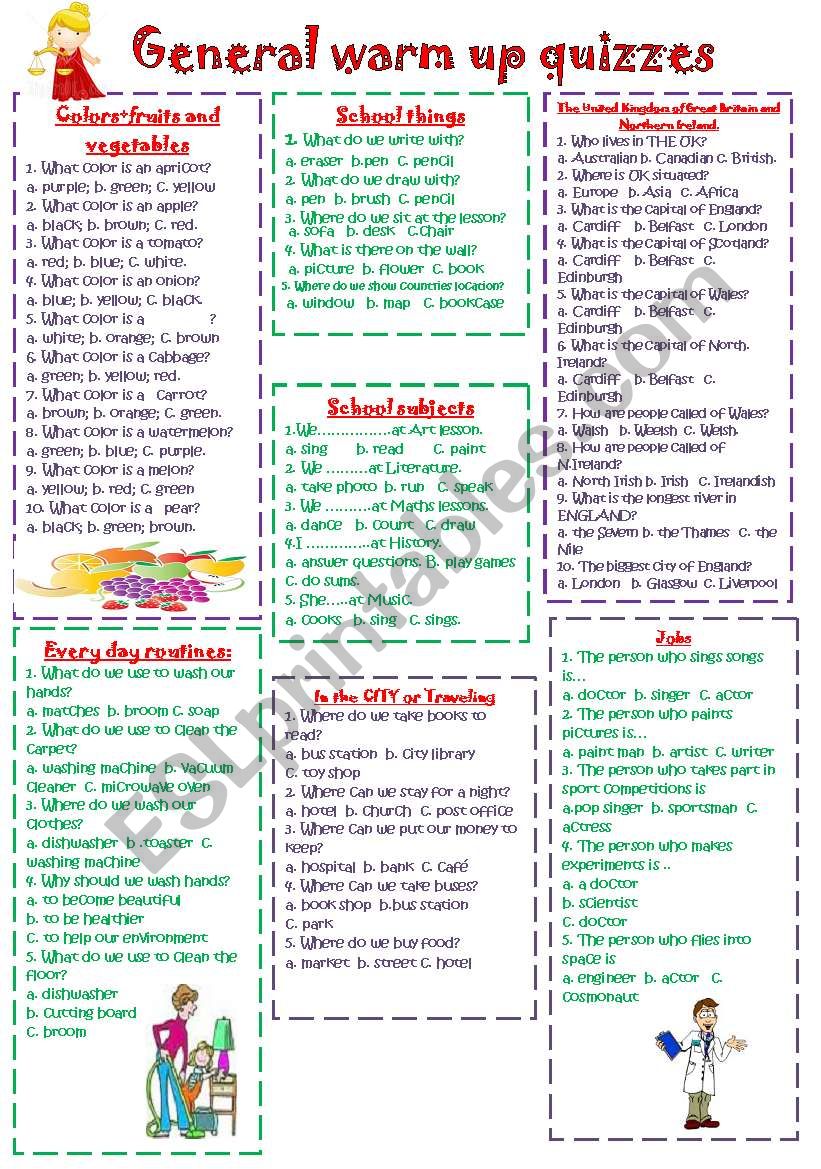 General QUIZZES for warm up worksheet