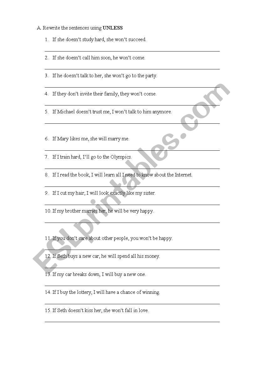 UNLESS- Grammar practise worksheet