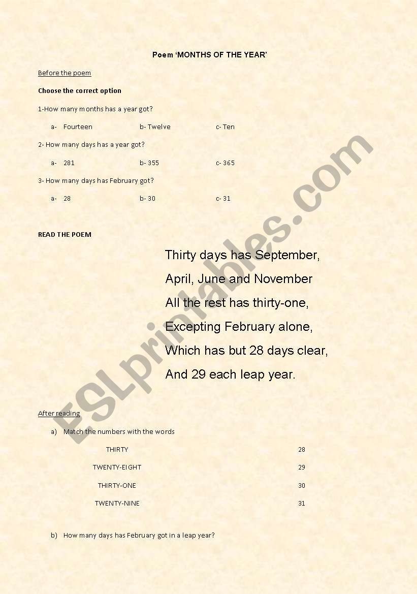 Poem MONTHS OF THE YEAR worksheet