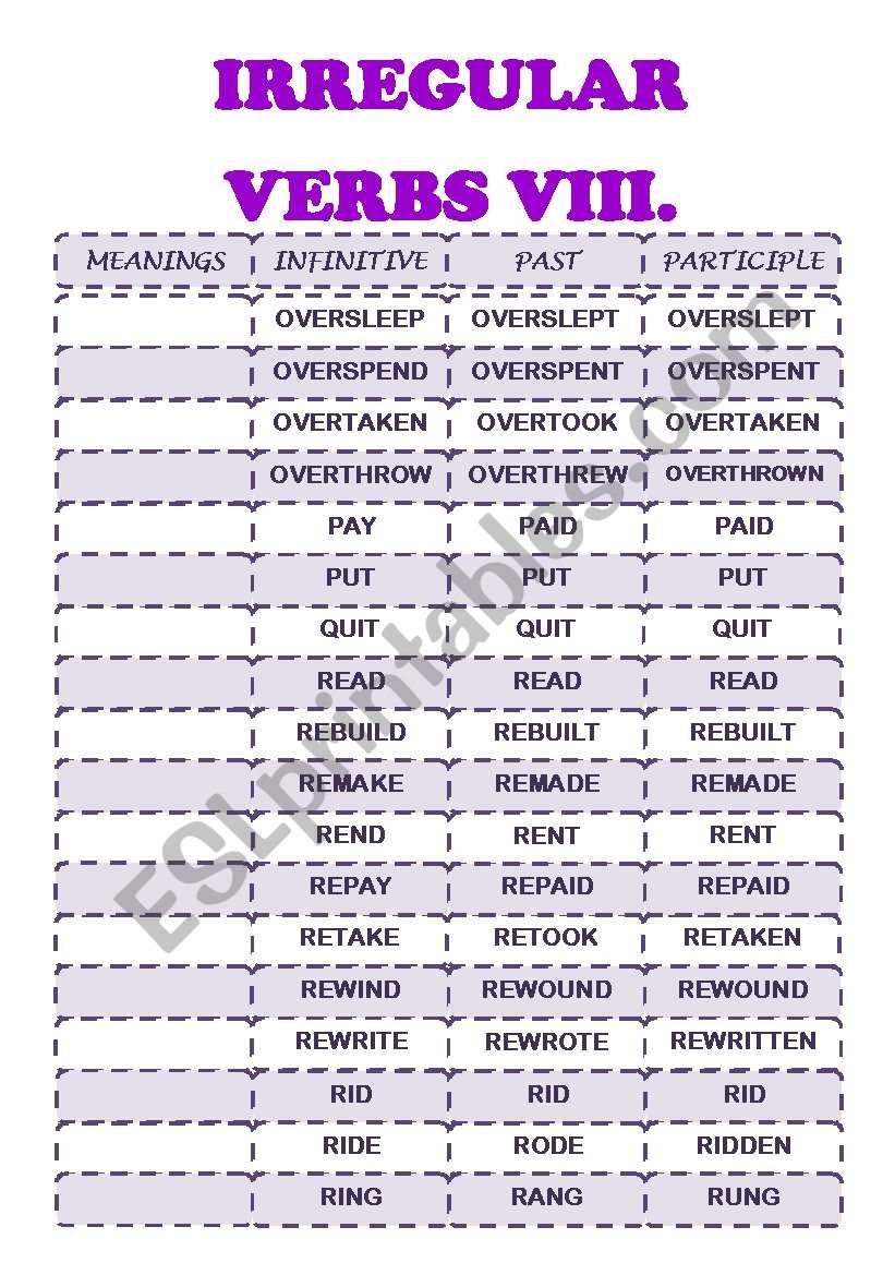 IRREGULAR VERBS VIII (O-R) worksheet