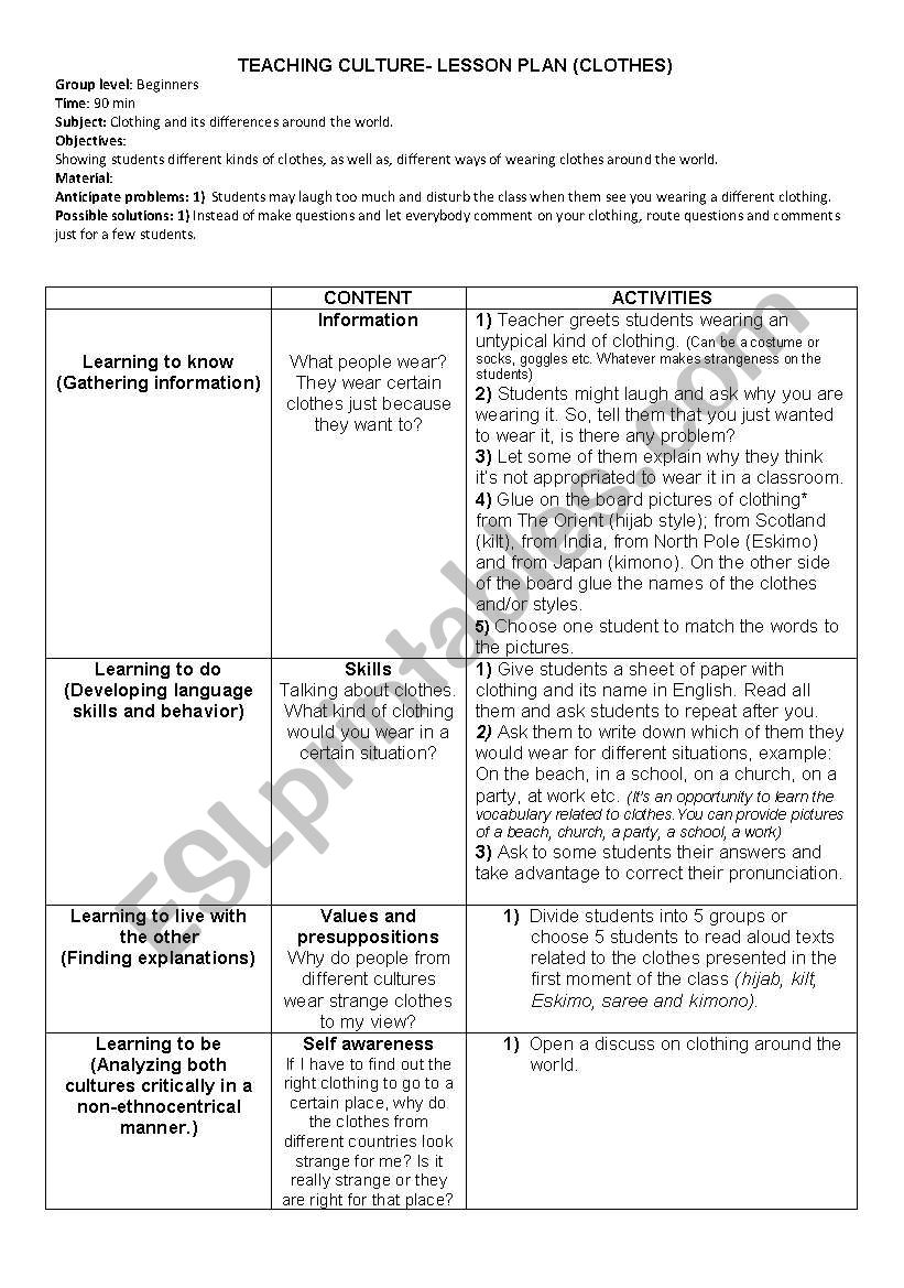 Lesson Plan - clothes worksheet