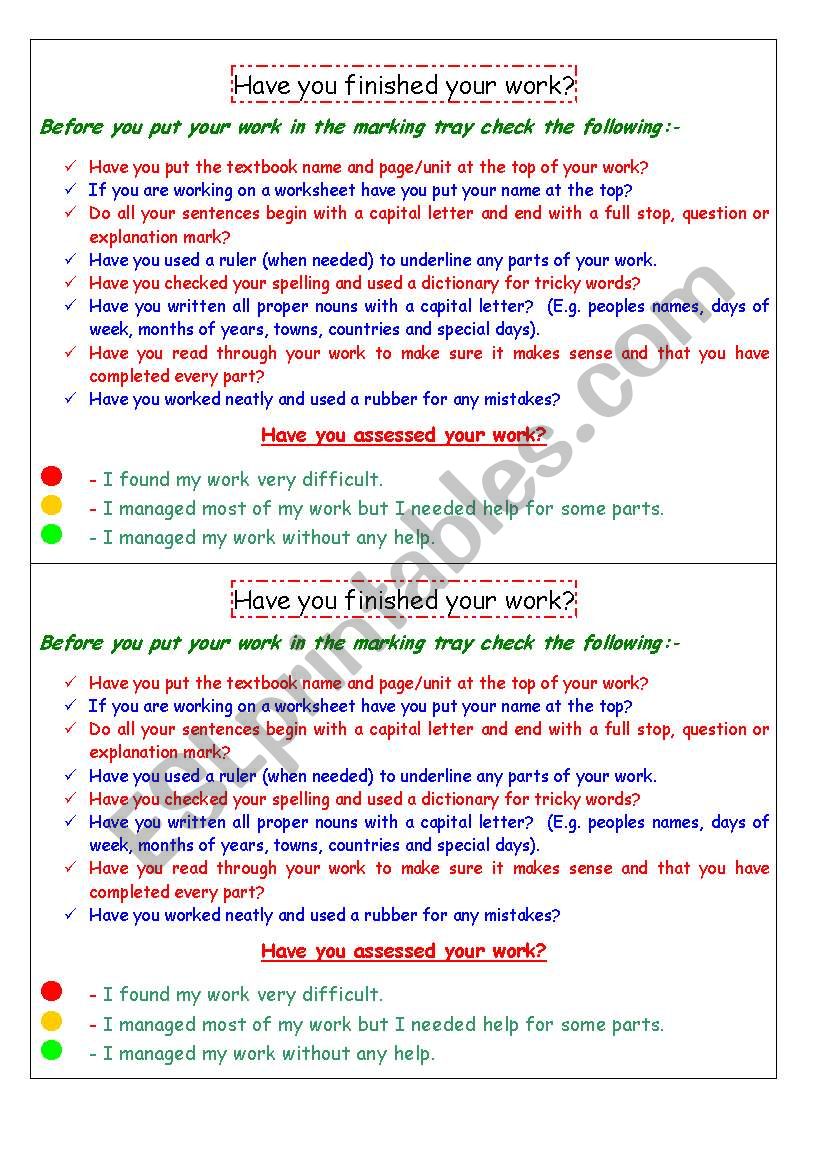 Check your work table card worksheet