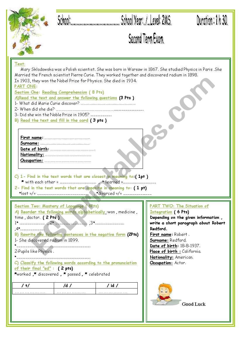 exam for middle school pps. worksheet