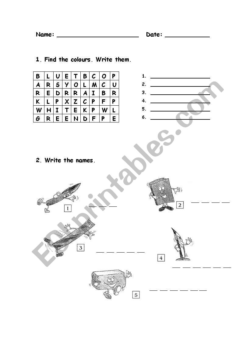 colours and classroom objects worksheet