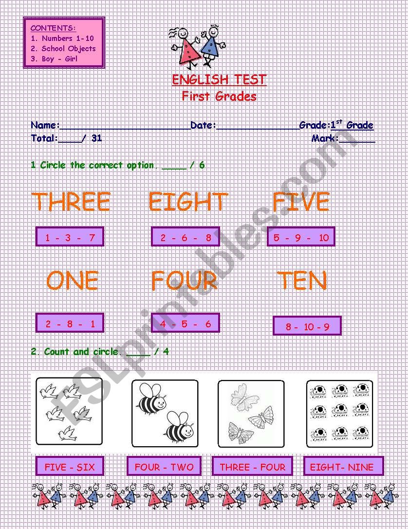 English Test - First Grades - 4 Pages: Numbers - School Objects - Boy/Girl 