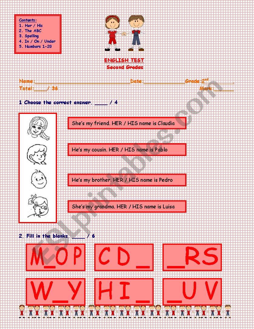 English Test, 3 Pages: Use of Her/ His - The ABC - Spelling - Furnitures - In/On/Under - Numbers 1/20  