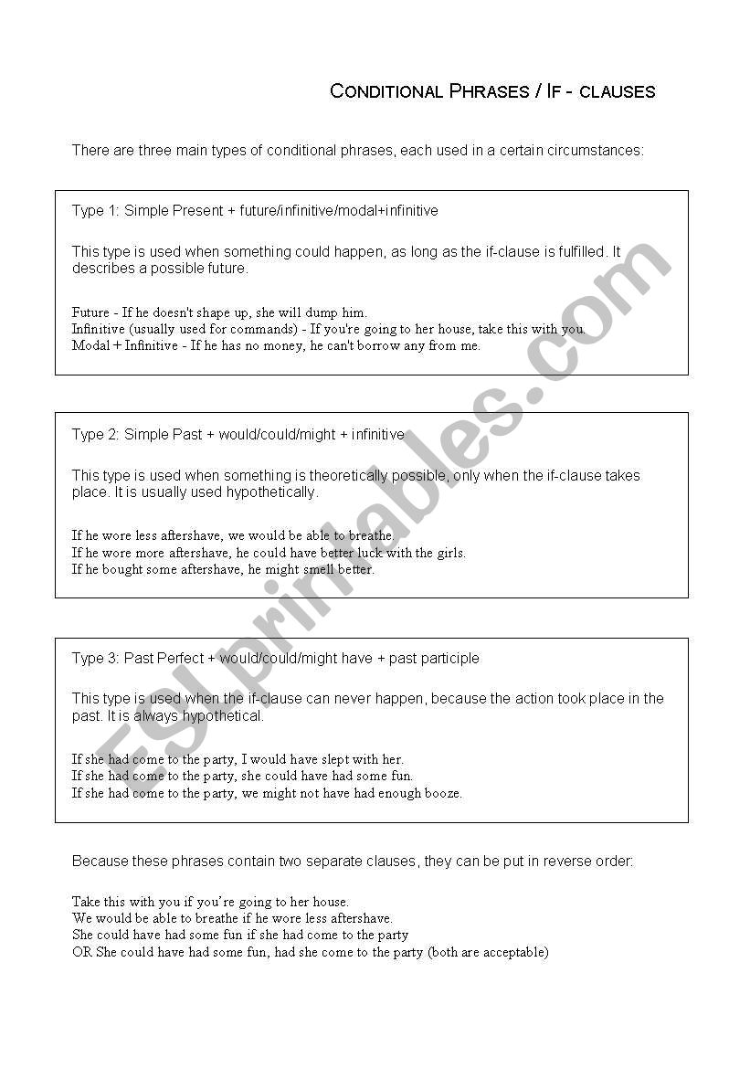 Conditional Phrase Worksheet worksheet