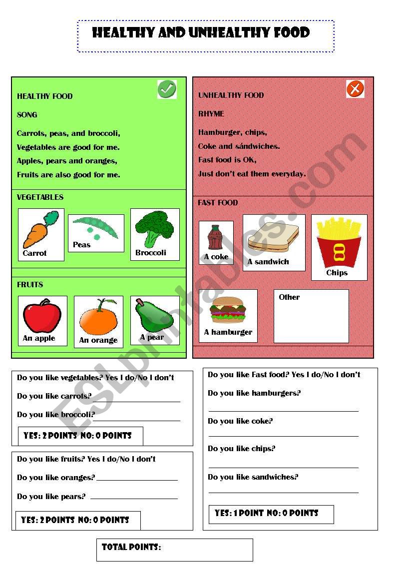 Healthy and unhealthy food worksheet