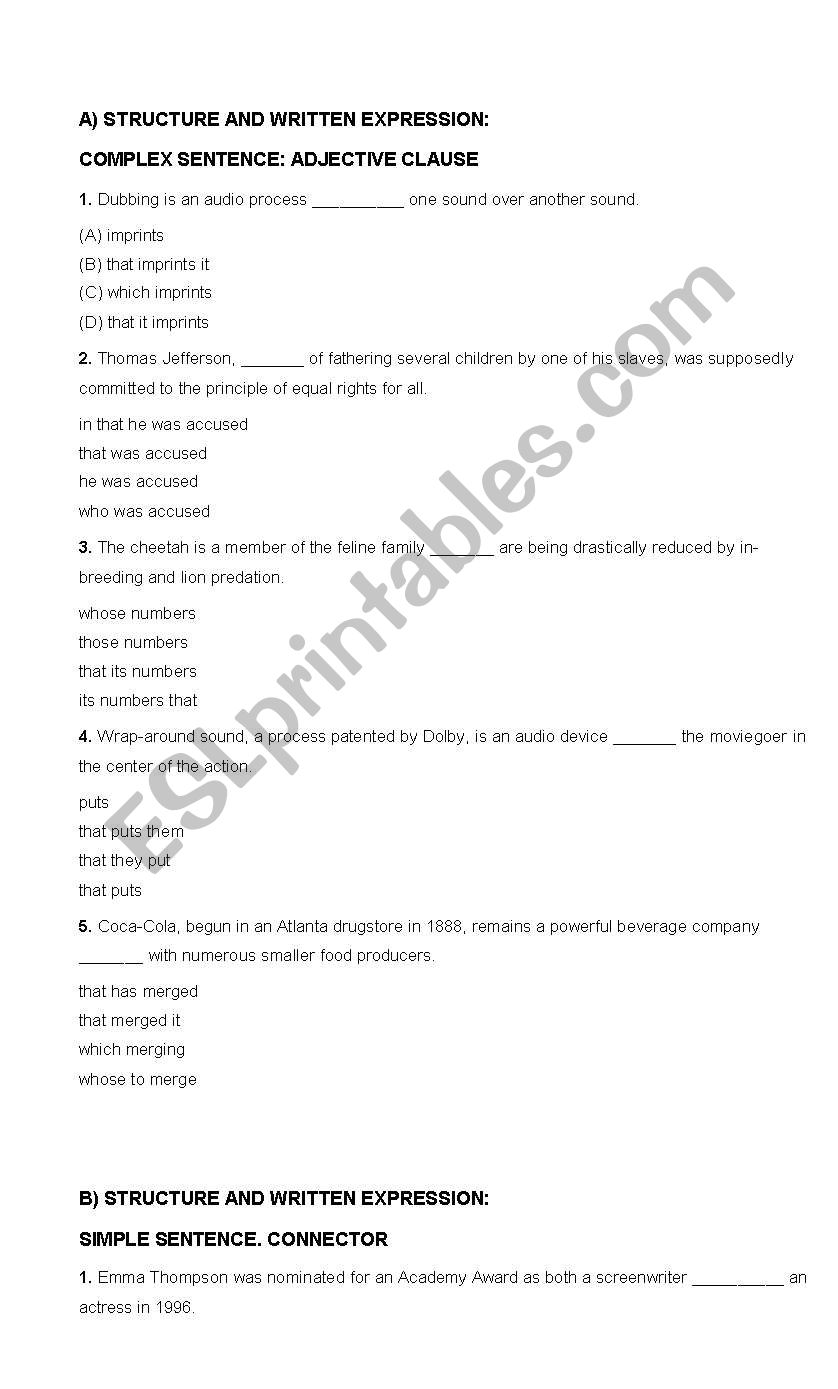 Toefl level test worksheet
