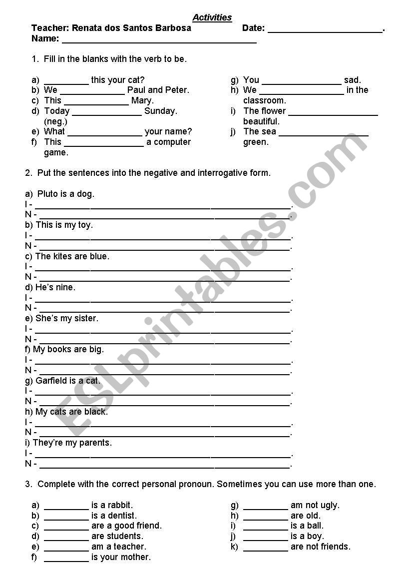 Exercises with verb to be worksheet