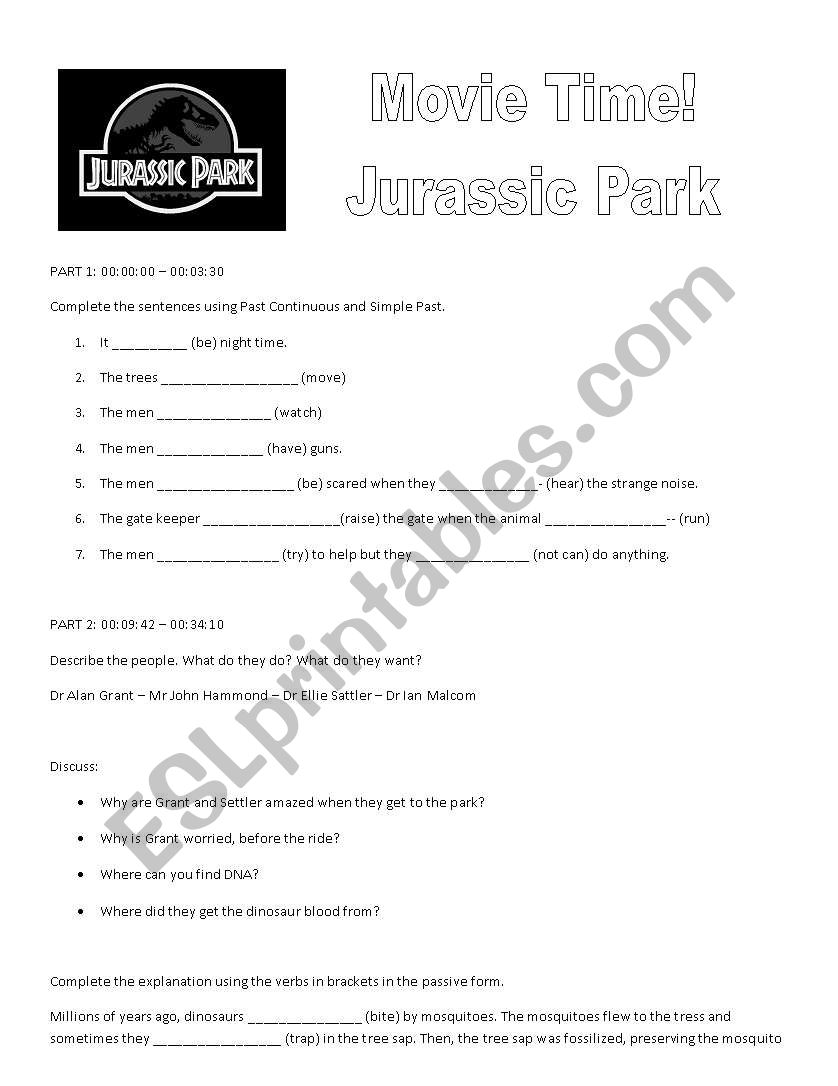 Jurassic Park worksheet 1 worksheet