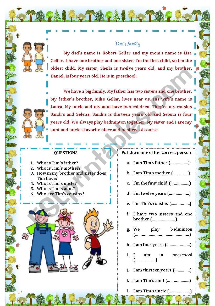 Tims family worksheet