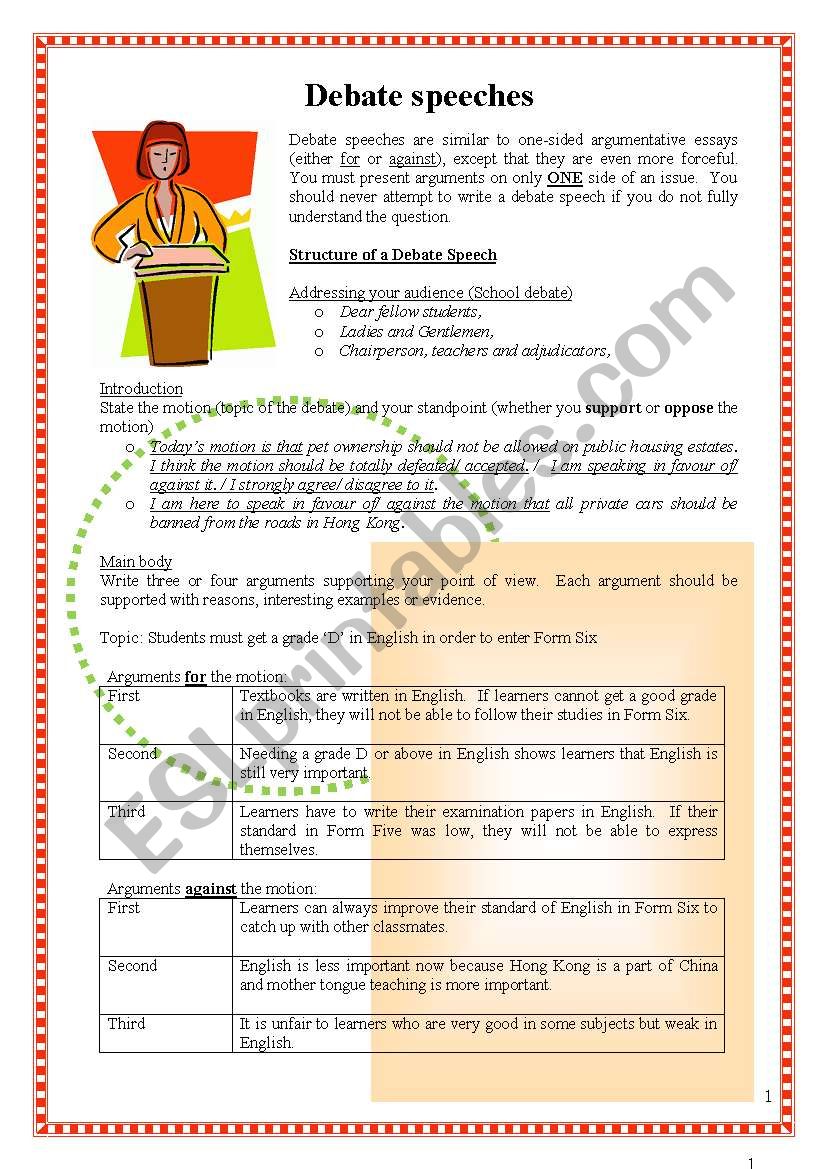 How to write debate speeches? worksheet