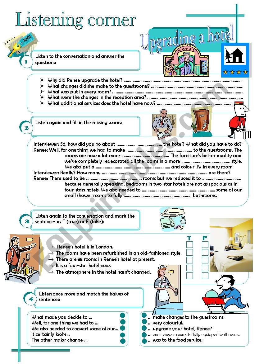 Listening corner - Upgrading a hotel (4 exercises**answer key**tapescripts) 