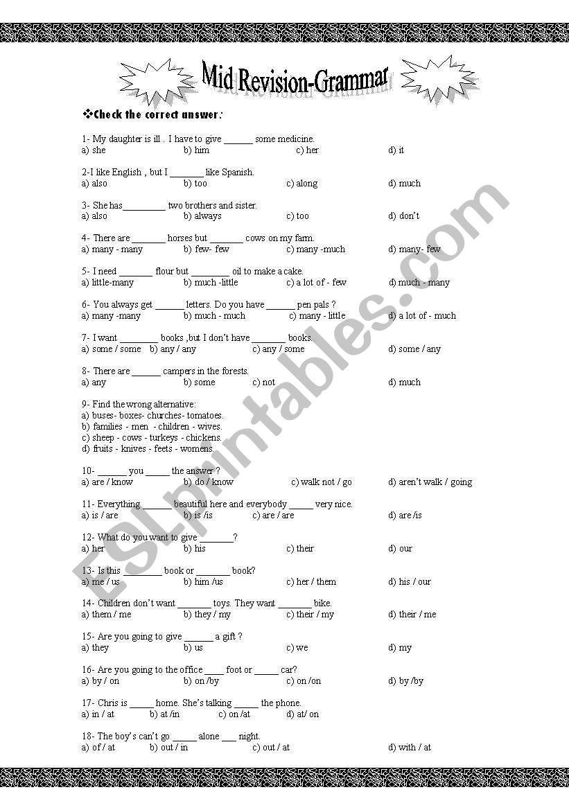 Mid Revision -Grammar worksheet