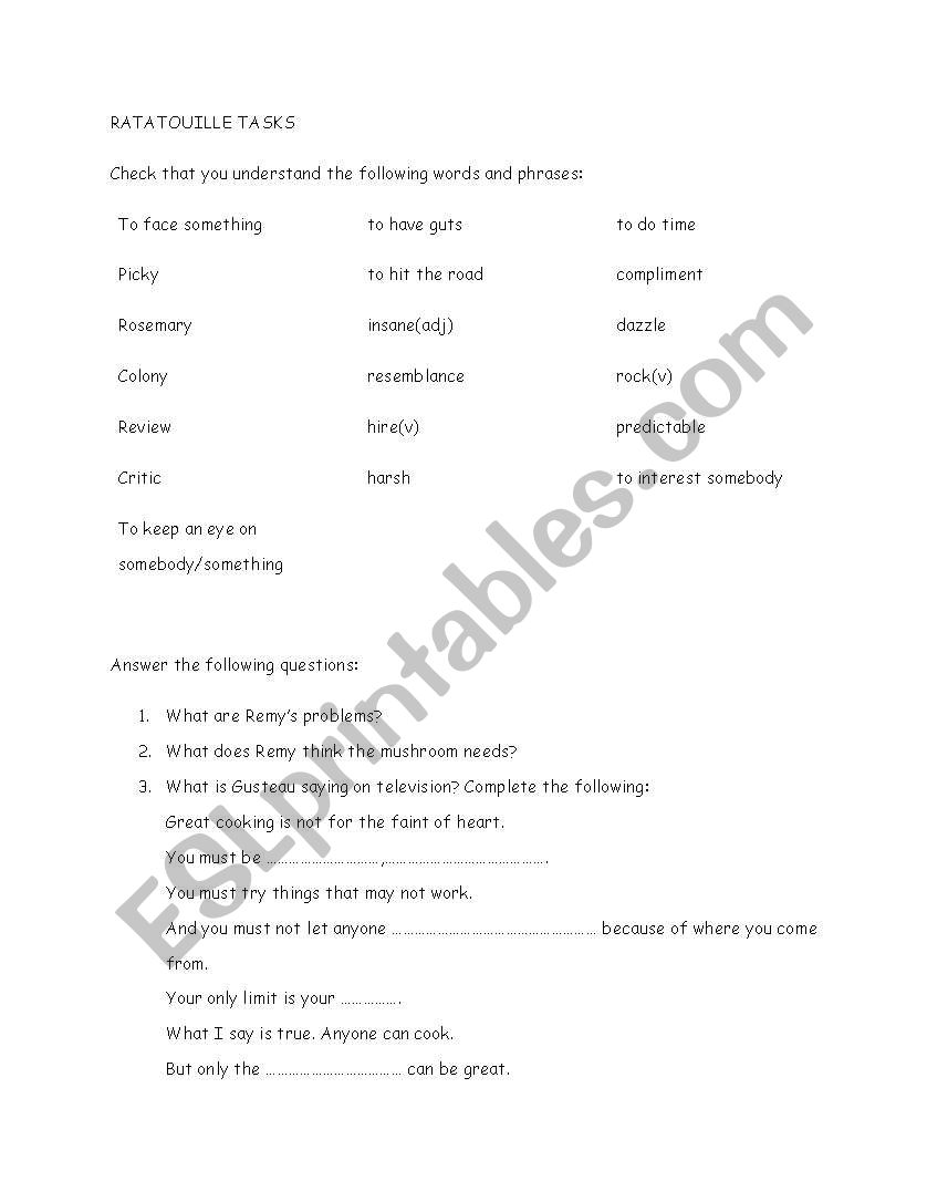 Ratatouille Task worksheet