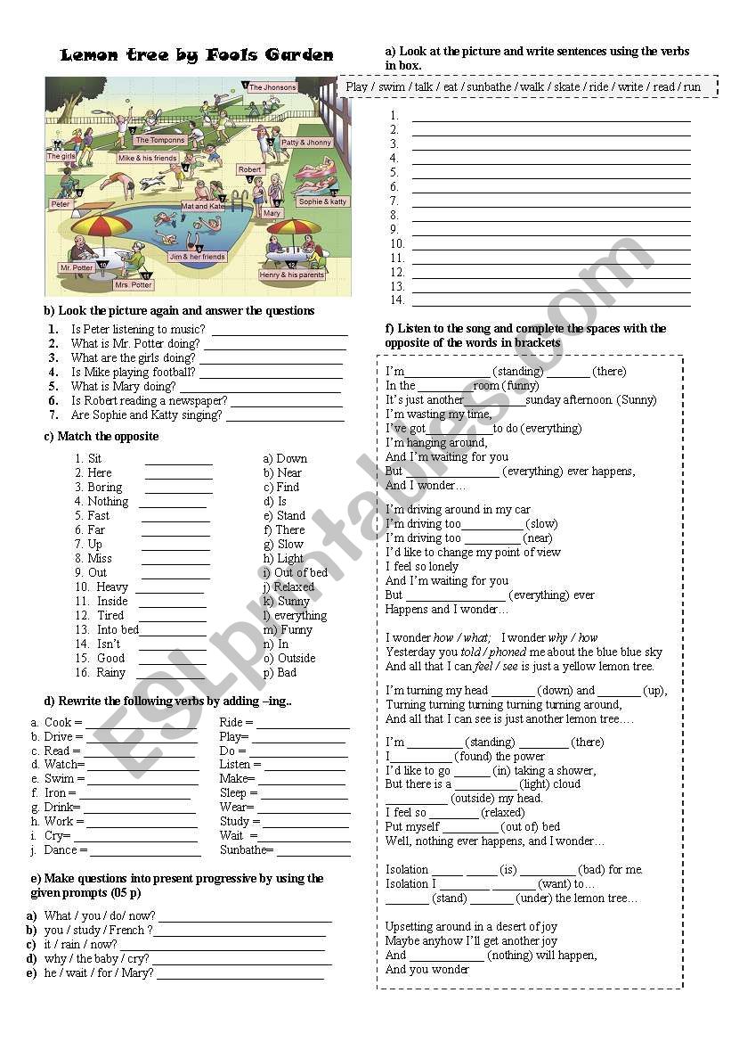 SONGSHEET LEMON TREE worksheet SONGSHEET LEMON TREE worksheet