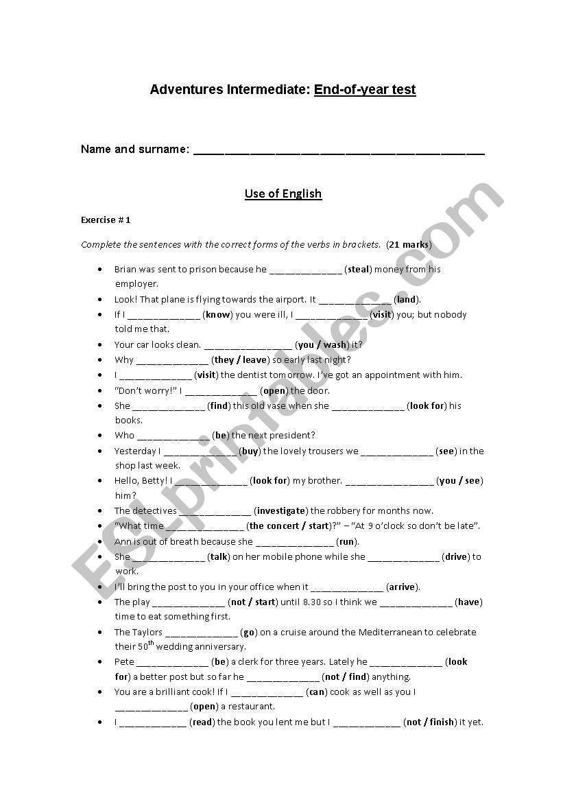 intermediate test worksheet