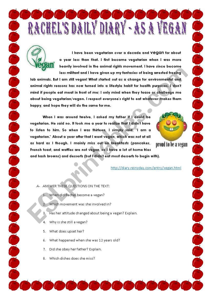 DIARY OF A VEGAN worksheet