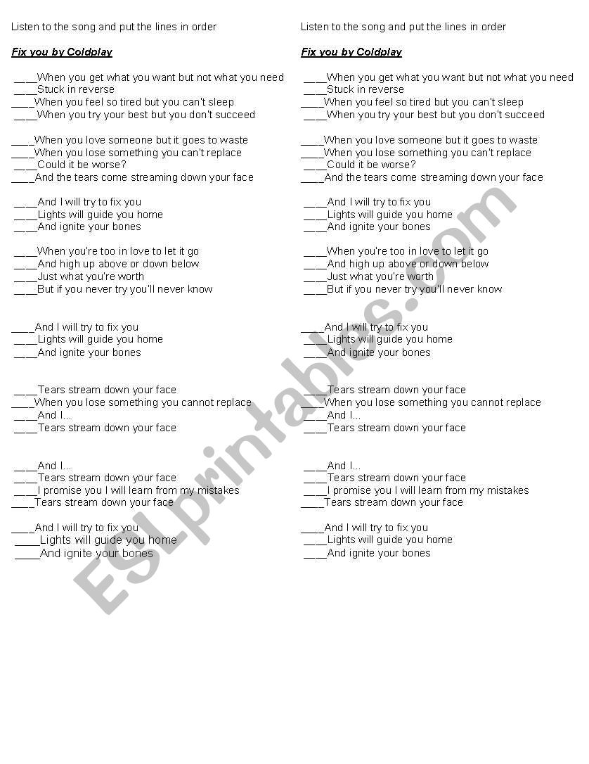 Fix you by Coldplay worksheet