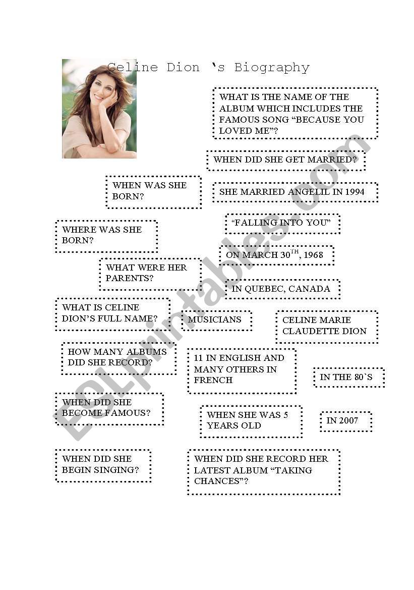Celine DionÂ´s biography worksheet