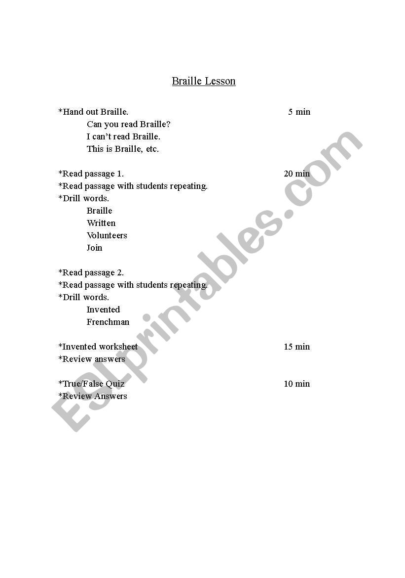 Braille Lesson 3rd Year worksheet