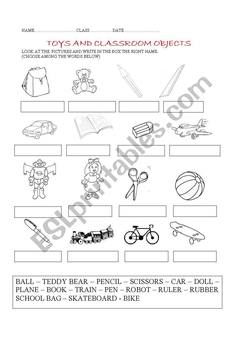 Toys and classroom objects worksheet