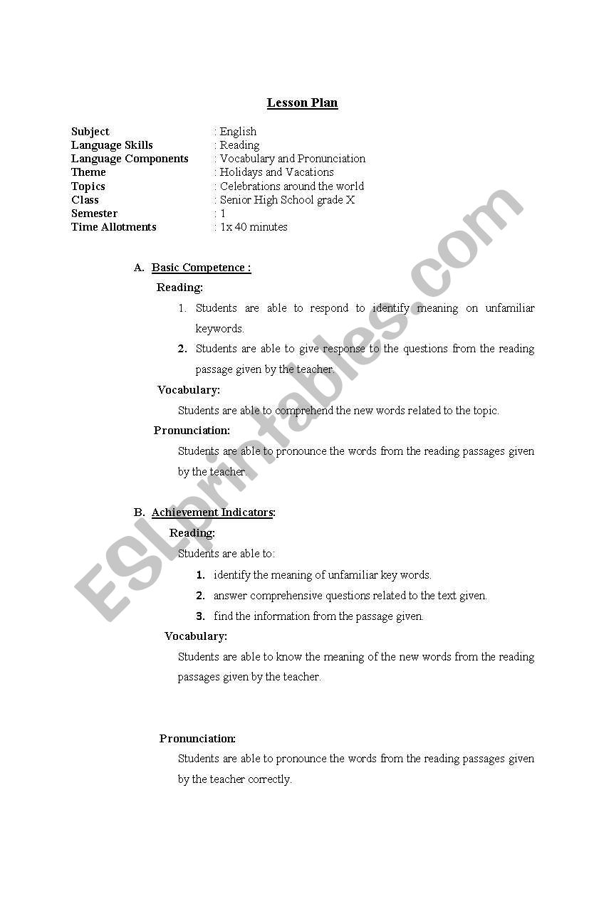 lesson plan: holiday and vacation