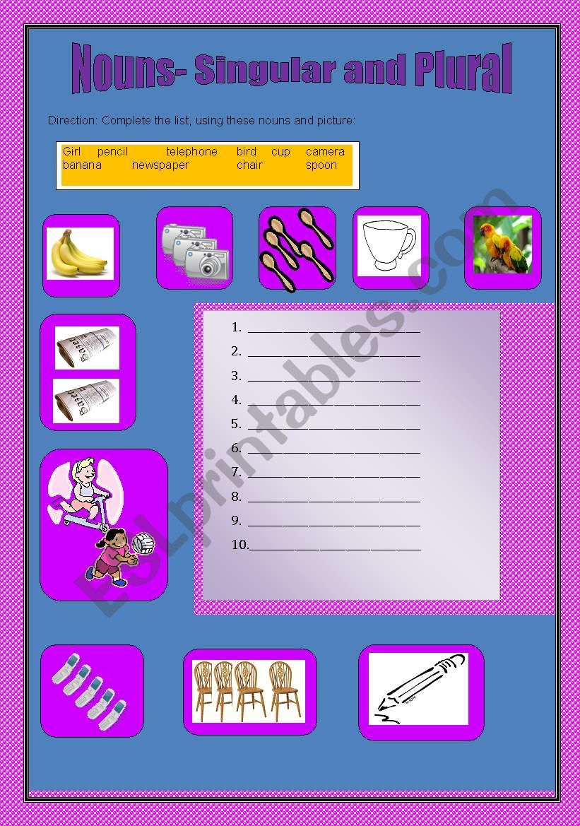 Nouns- Singular and Plura; worksheet