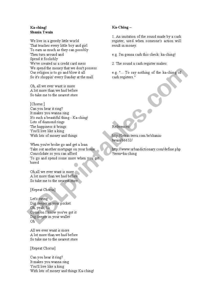 Ka-Ching - Shania Twain worksheet