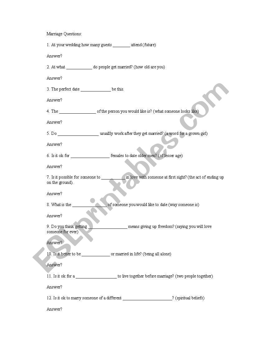 marriage questions worksheet